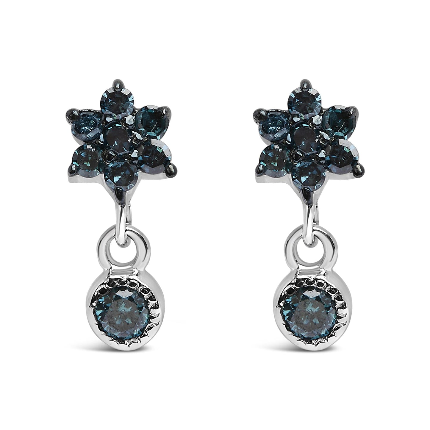 .925 Sterling Silver 1/10 Cttw Blue Diamond Star Stud with Bezel Drop Dangle Earrings (Blue Color, I2-I3 Clarity)-0