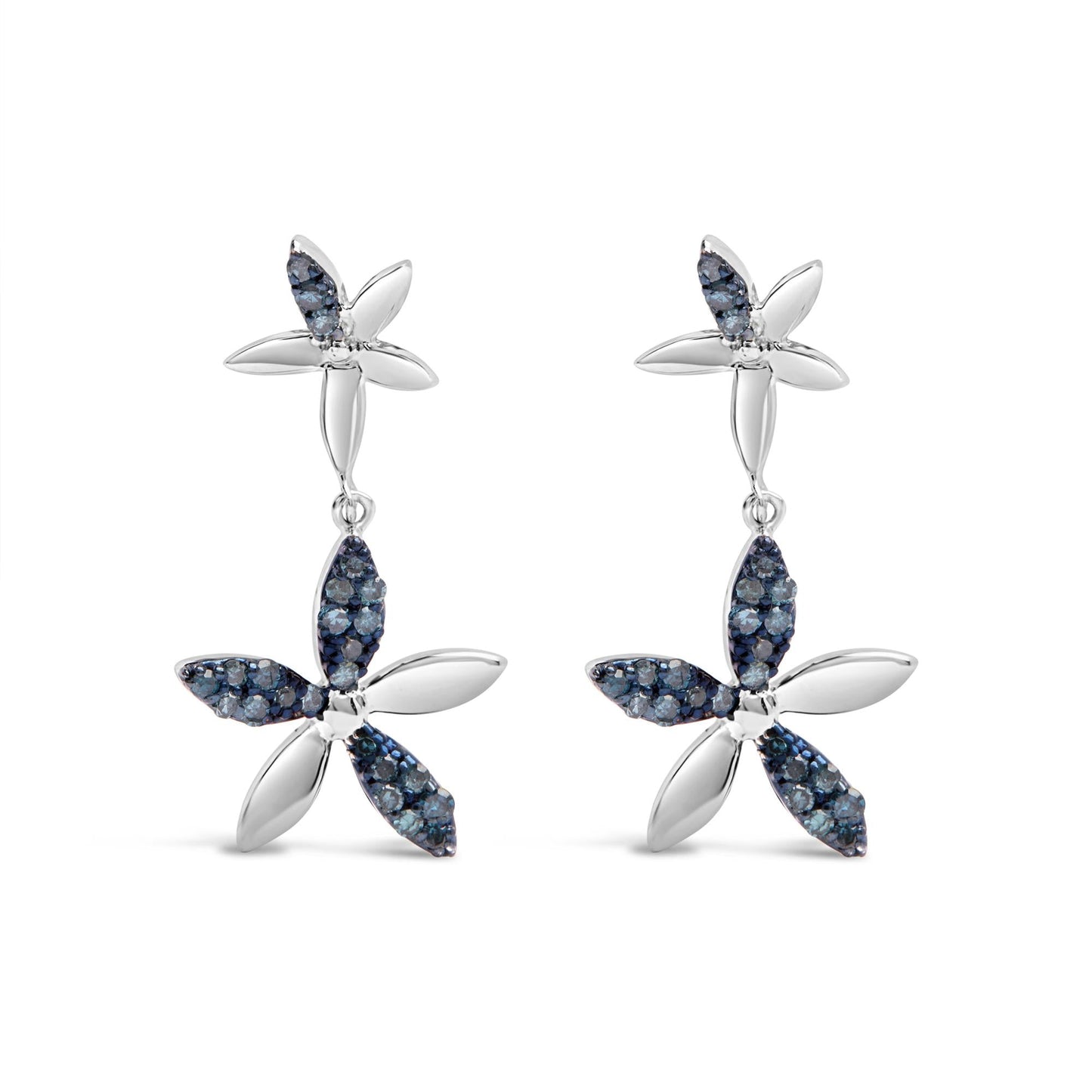 .925 Sterling Silver 1/5ct Cttw Blue Diamond Double Star Drop and Dangle Earrings (Blue Color, SI1-SI2 Clarity)-0
