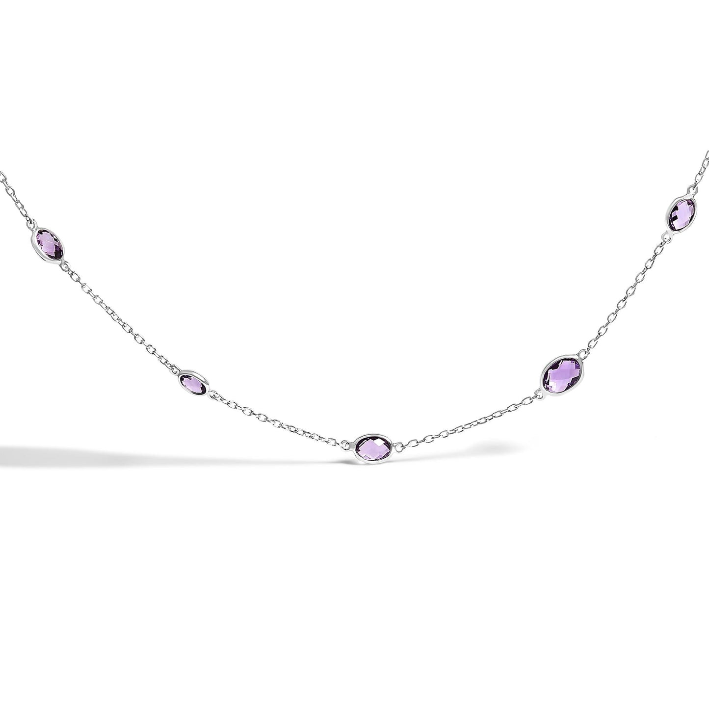 .925 Sterling Silver Checkerboard Cut Purple Amethyst Bezel Station Necklace - 22" Inches-0