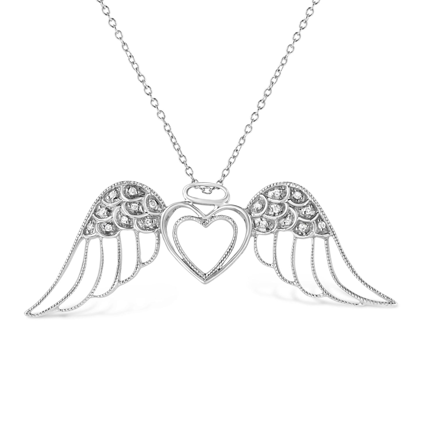 .925 Sterling Silver Pave-Set Diamond Accent Angel Wing 18" Double Heart Pendant Necklace (I-J Color, I1-I2 Clarity)-0