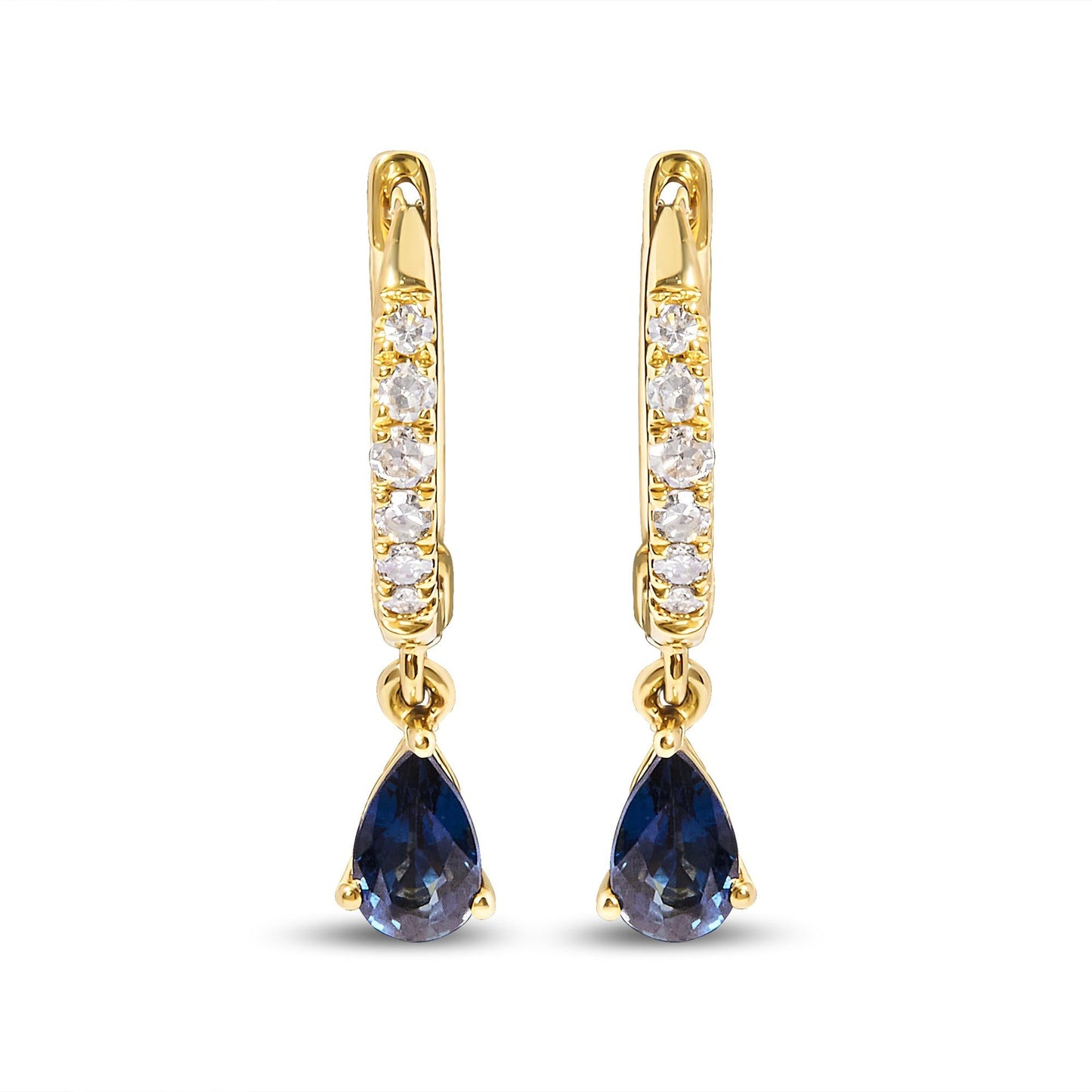 10K Yellow Gold Pear Blue Sapphire and 1/10 Cttw Diamond Drop and Dangle Huggy Hoop Earrings (H-I Color, I1-I2 Clarity)-1