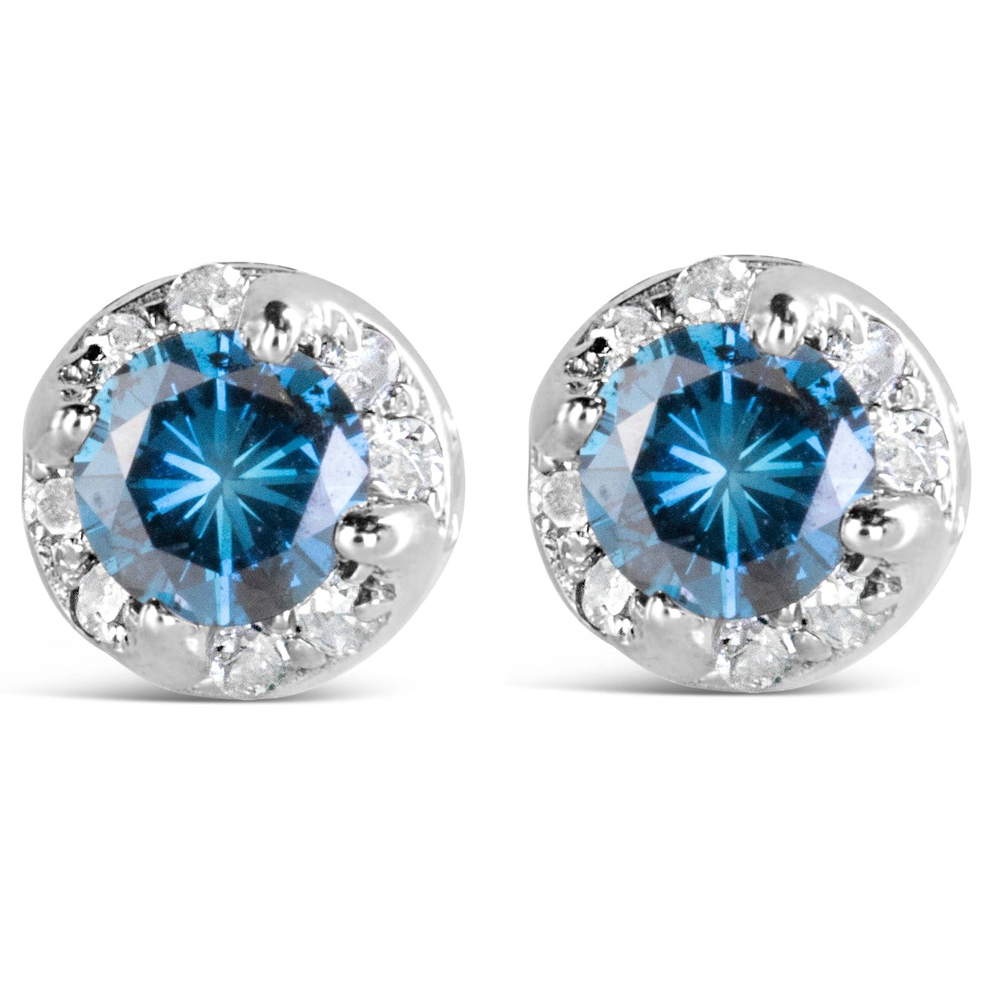 14K White Gold 1.00 Cttw Treated Blue and White Diamond Hidden Halo Stud Earrings (Blue/I-J Color, I2-I3 Clarity)-1
