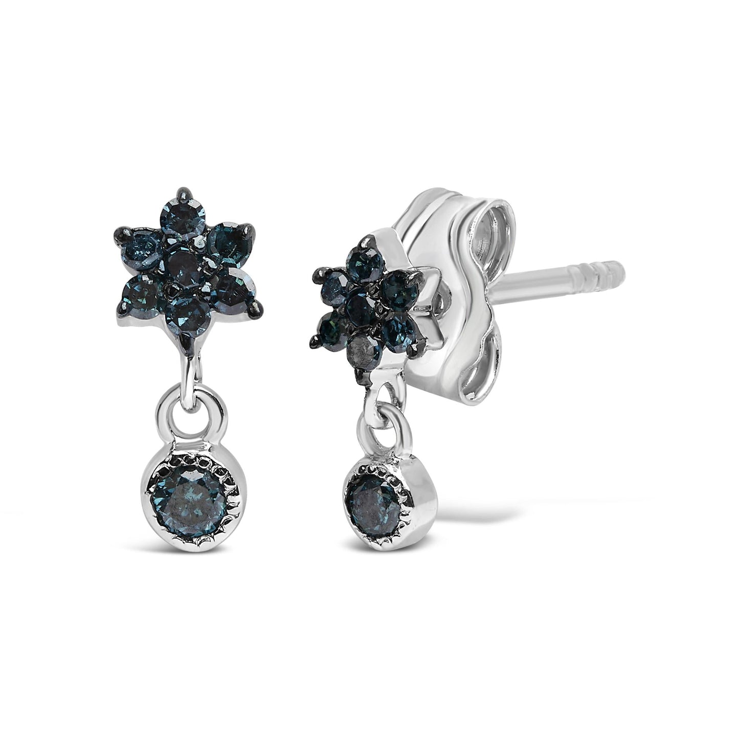 .925 Sterling Silver 1/10 Cttw Blue Diamond Star Stud with Bezel Drop Dangle Earrings (Blue Color, I2-I3 Clarity)-1