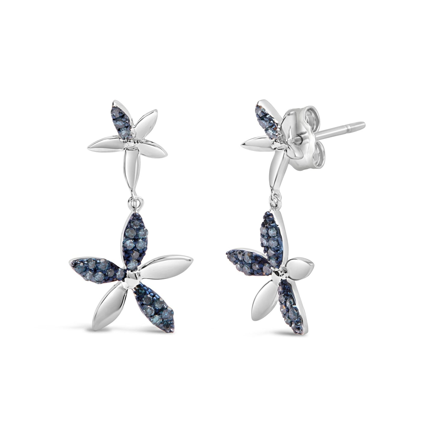 .925 Sterling Silver 1/5ct Cttw Blue Diamond Double Star Drop and Dangle Earrings (Blue Color, SI1-SI2 Clarity)-1
