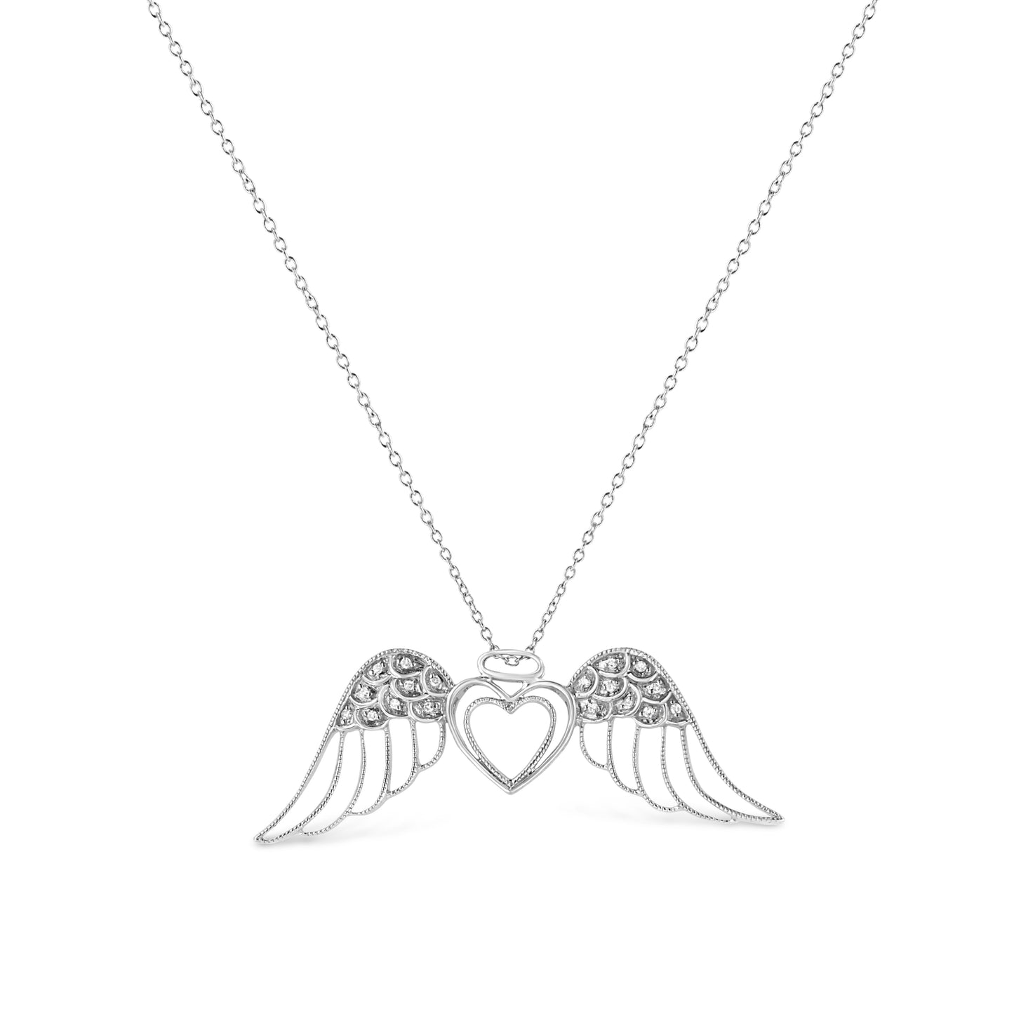 .925 Sterling Silver Pave-Set Diamond Accent Angel Wing 18" Double Heart Pendant Necklace (I-J Color, I1-I2 Clarity)-1