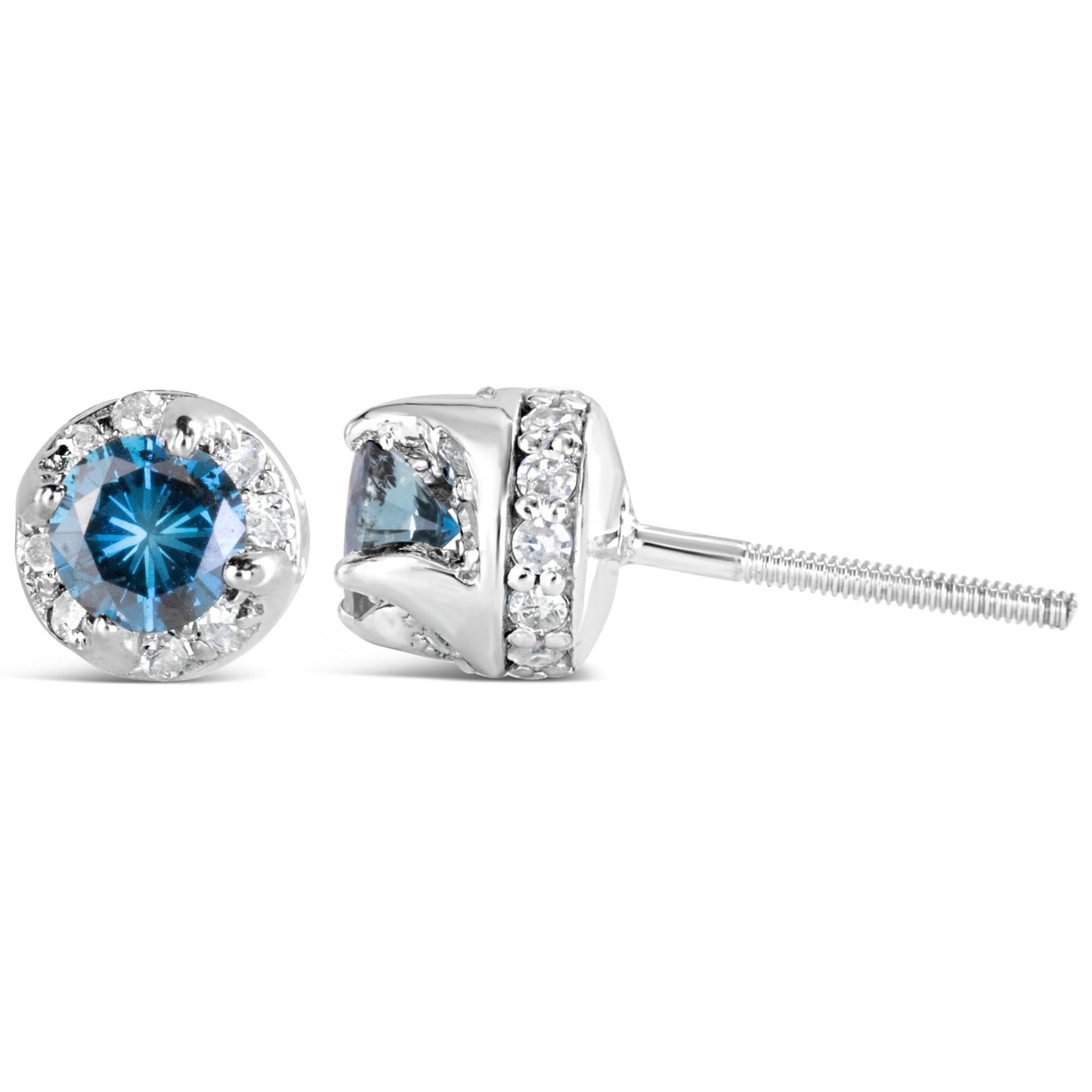 14K White Gold 1.00 Cttw Treated Blue and White Diamond Hidden Halo Stud Earrings (Blue/I-J Color, I2-I3 Clarity)-2