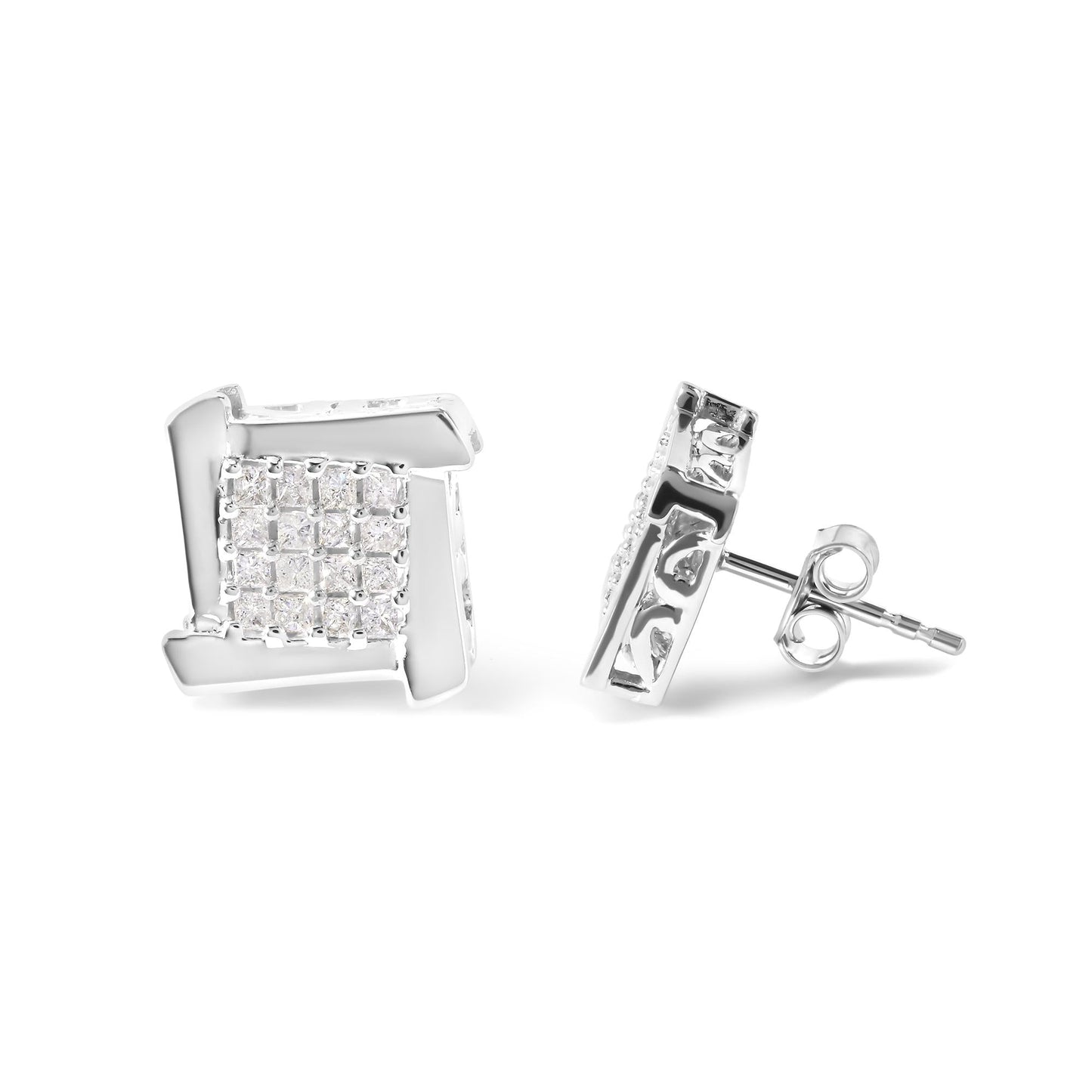 10K White Gold 1/2 Cttw Composite Princess Diamond Square and Swirl Stud Earrings (I-J Color, I1-I2 Clarity)-2