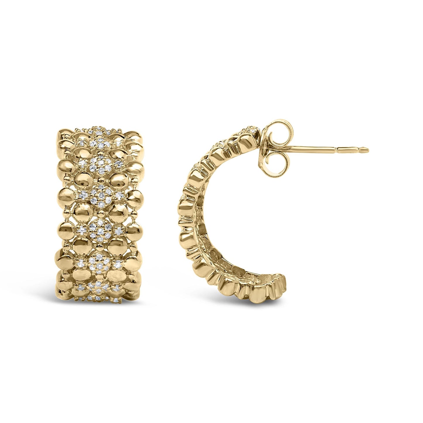 14K Yellow Gold Plated .925 Sterling Silver 3/8 Cttw Diamond and Ball Bead J Hoop Earrings (H-I Color, I1-I2 Clarity)-2