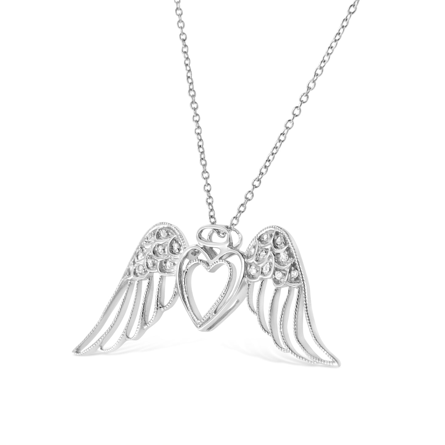 .925 Sterling Silver Pave-Set Diamond Accent Angel Wing 18" Double Heart Pendant Necklace (I-J Color, I1-I2 Clarity)-2