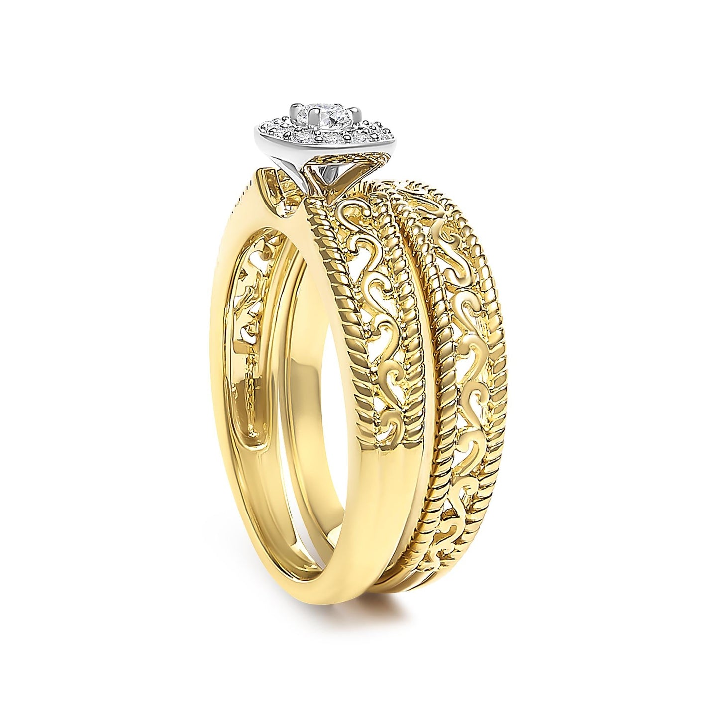 14K Yellow Gold Plated .925 Sterling Silver 1/5 Cttw Diamond Halo and Milgrain Finish Engagement Ring Bridal Set (I-J Color I3 Clarity)-3