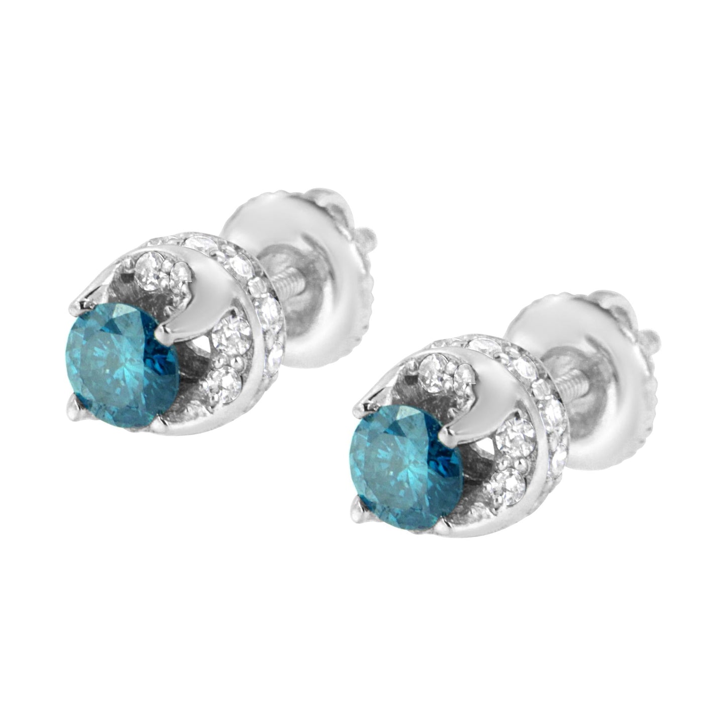 14K White Gold 1.00 Cttw Treated Blue and White Diamond Hidden Halo Stud Earrings (Blue/I-J Color, I2-I3 Clarity)-3