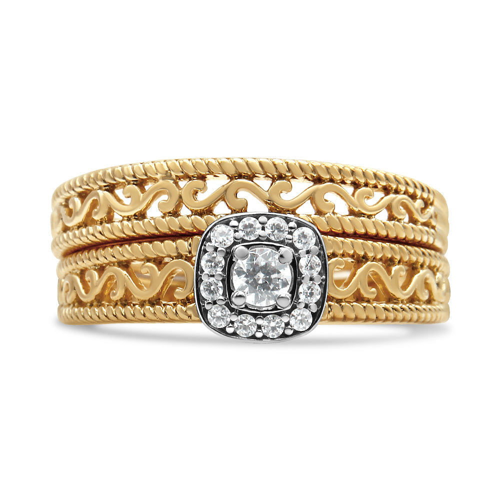 14K Yellow Gold Plated .925 Sterling Silver 1/5 Cttw Diamond Halo and Milgrain Finish Engagement Ring Bridal Set (I-J Color I3 Clarity)-4