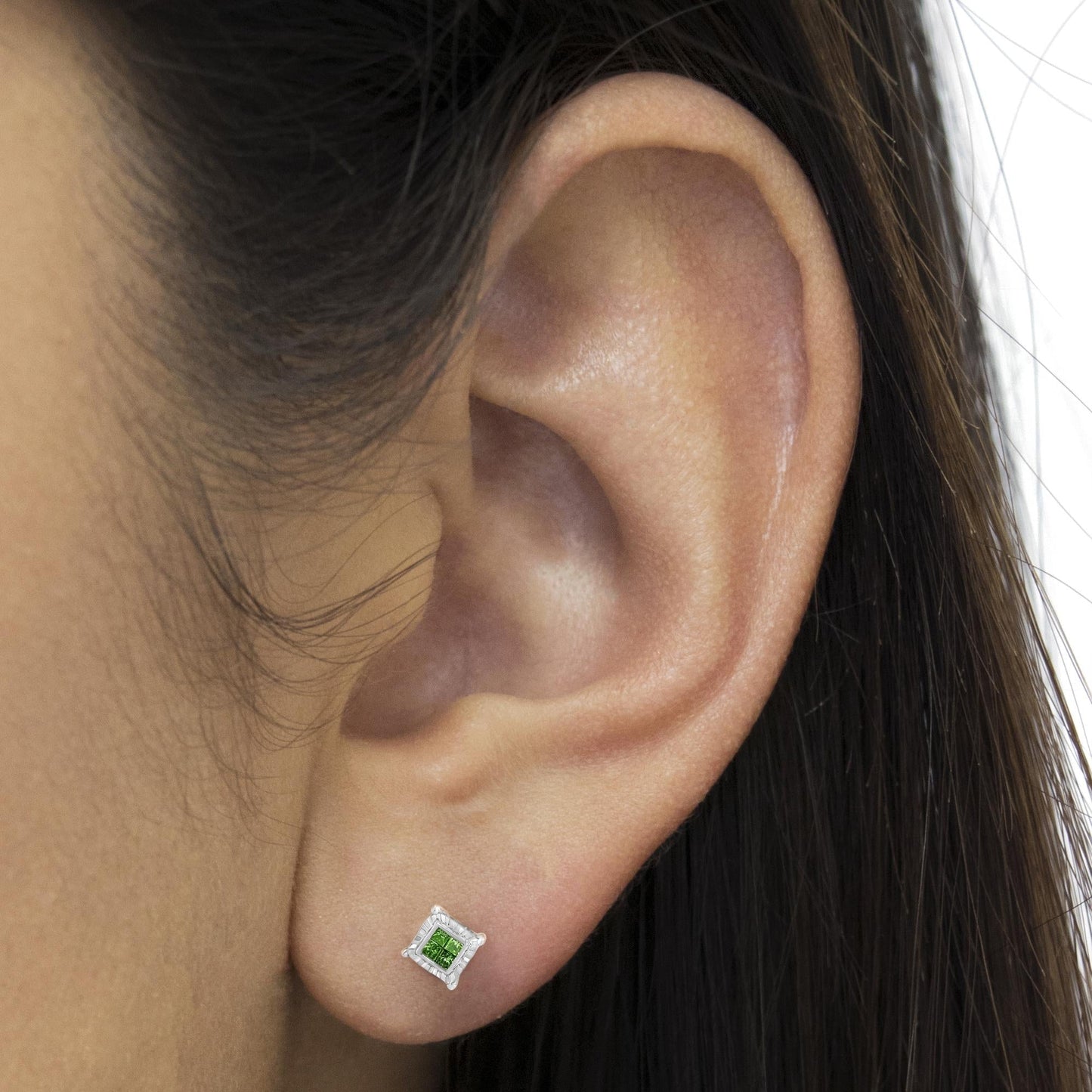 Sterling Silver Color Treated Princess Diamond Quad Stud Earring (1/2 cttw, Green Color, I1-I2 Clarity)-4