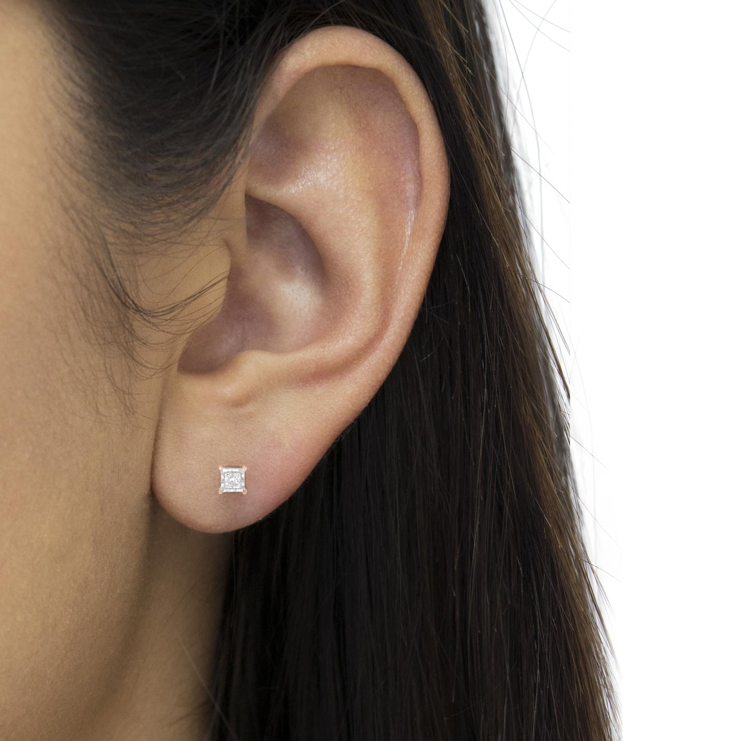 14K Rose Gold Plated Two-Tone .925 Sterling Silver 1/2 Cttw Princess-Cut Square Near Colorless Diamond Solitaire Miracle-Plate Stud Earrings (J-K Color, I2-I3 Clarity)-4