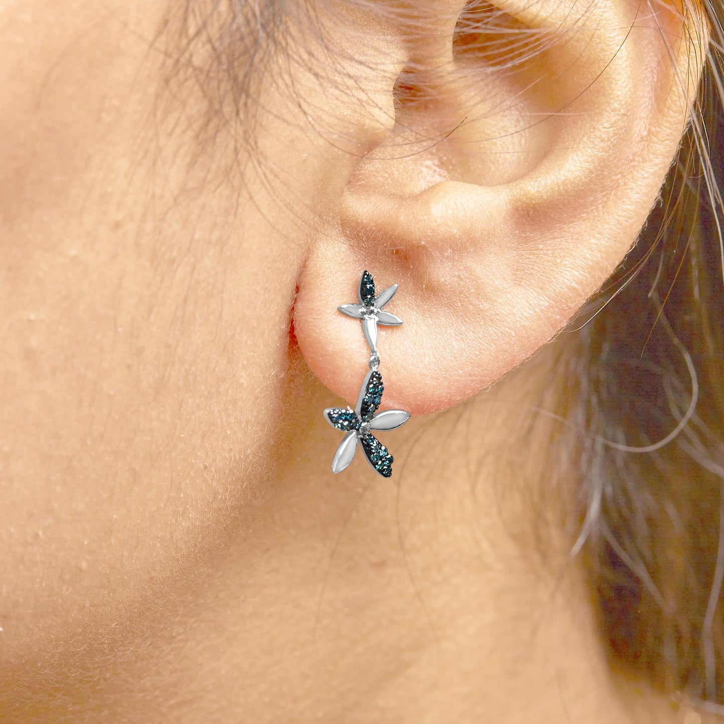 .925 Sterling Silver 1/5ct Cttw Blue Diamond Double Star Drop and Dangle Earrings (Blue Color, SI1-SI2 Clarity)-3