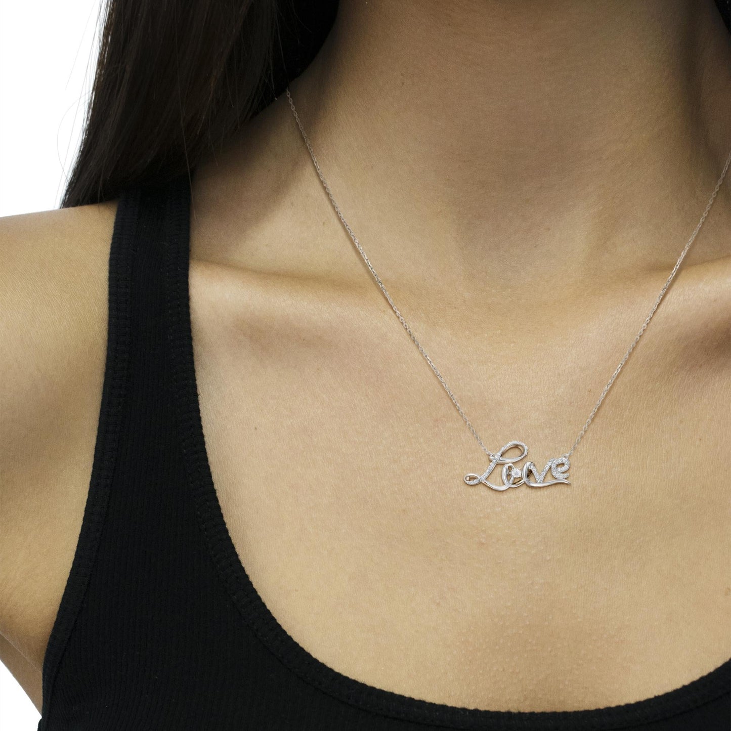 .925 Sterling Silver 1/4 Cttw Diamond Cursive "Love" 18" Pendant Necklace (H-I Color, I1-I2 Clarity)-3