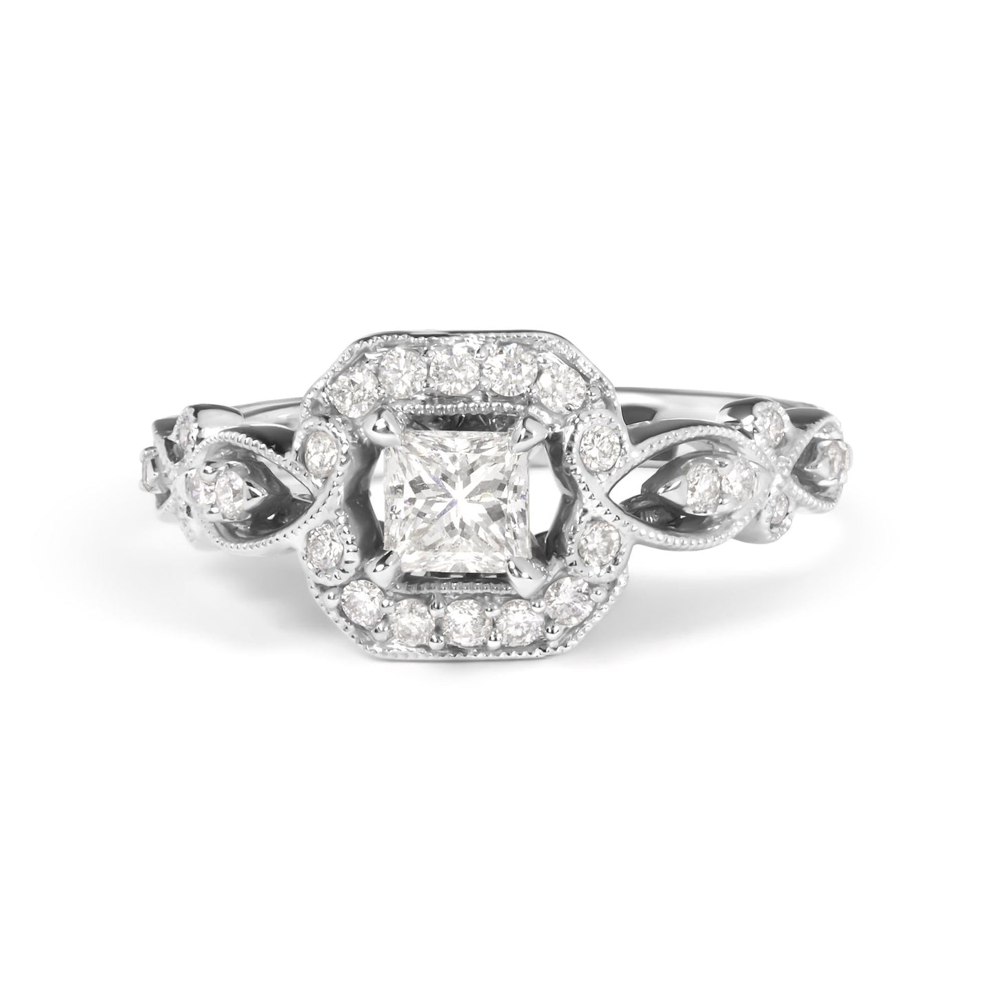 14K White Gold Diamond 3/4 Cttw Diamond Halo Style and Woven Shank Engagement Ring (G-H Color, VS2-SI1 Clarity) - Size 7-0