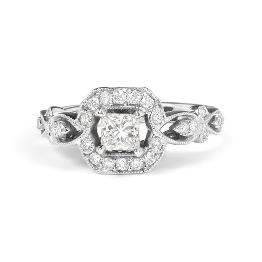 14K White Gold Diamond 3/4 Cttw Diamond Halo Style and Woven Shank Engagement Ring (G-H Color, VS2-SI1 Clarity) - Size 7-0