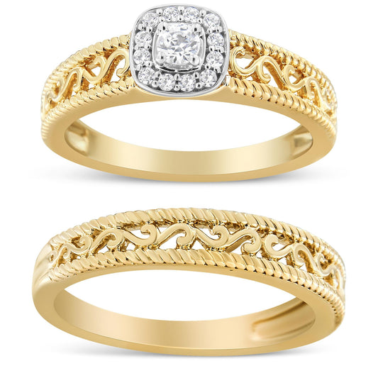 14K Yellow Gold Plated .925 Sterling Silver 1/5 Cttw Diamond Halo and Milgrain Finish Engagement Ring Bridal Set (I-J Color I3 Clarity)-0
