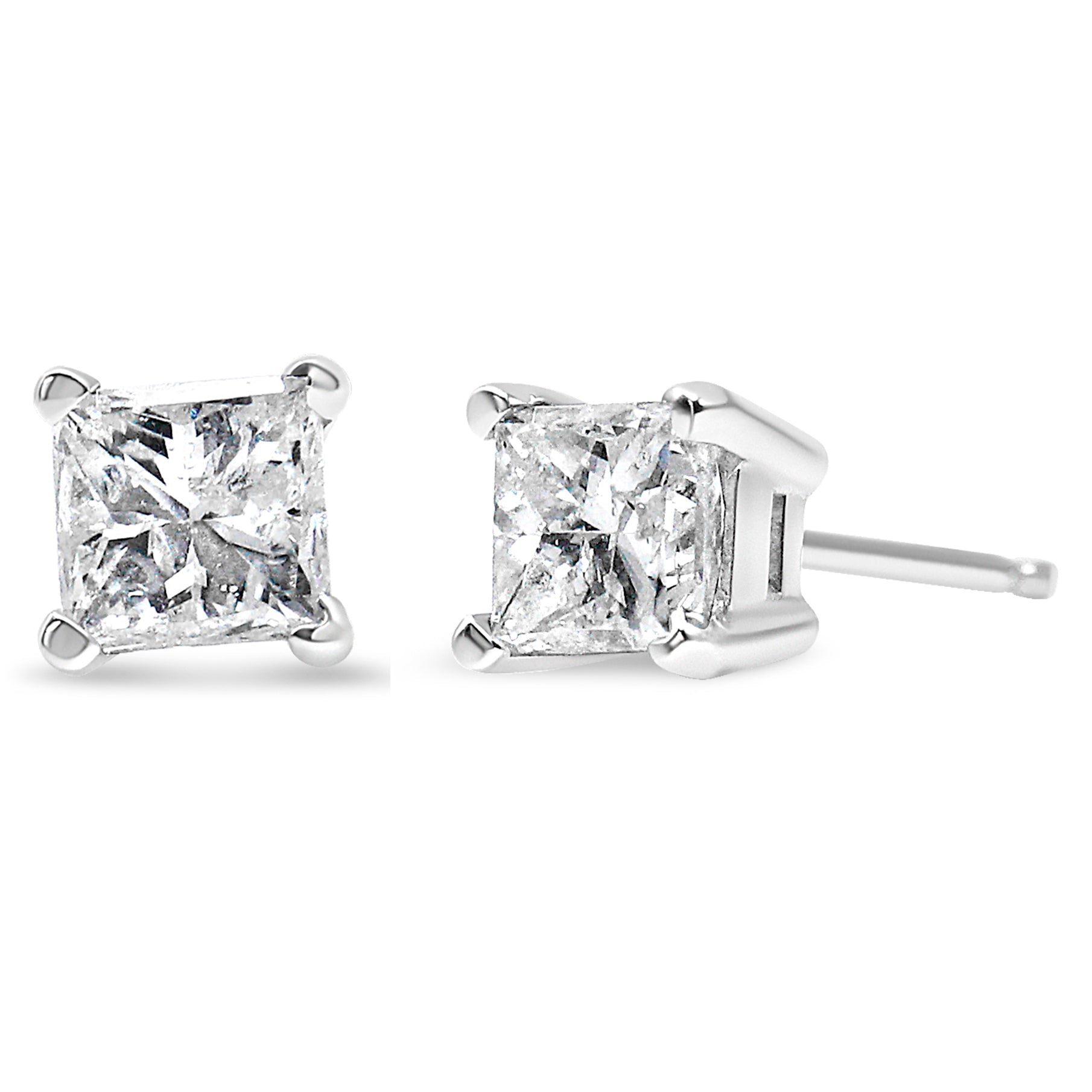 AGS Certified 14k Gold 4-Prong Set Princess-Cut Solitaire Diamond Push Back Stud Earrings (I-J Color, SI2-I1 Clarity)-0