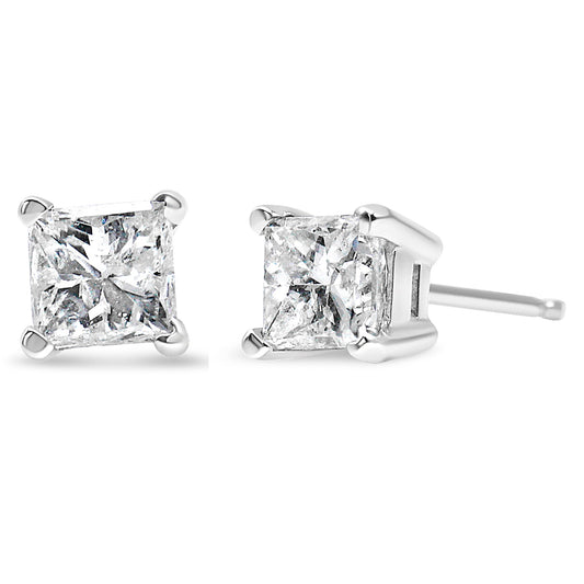 AGS Certified Princess-Cut Square Diamond 4-Prong Solitaire Stud Earrings in 14K Gold (J-K Color, I1-I2 Clarity)-0
