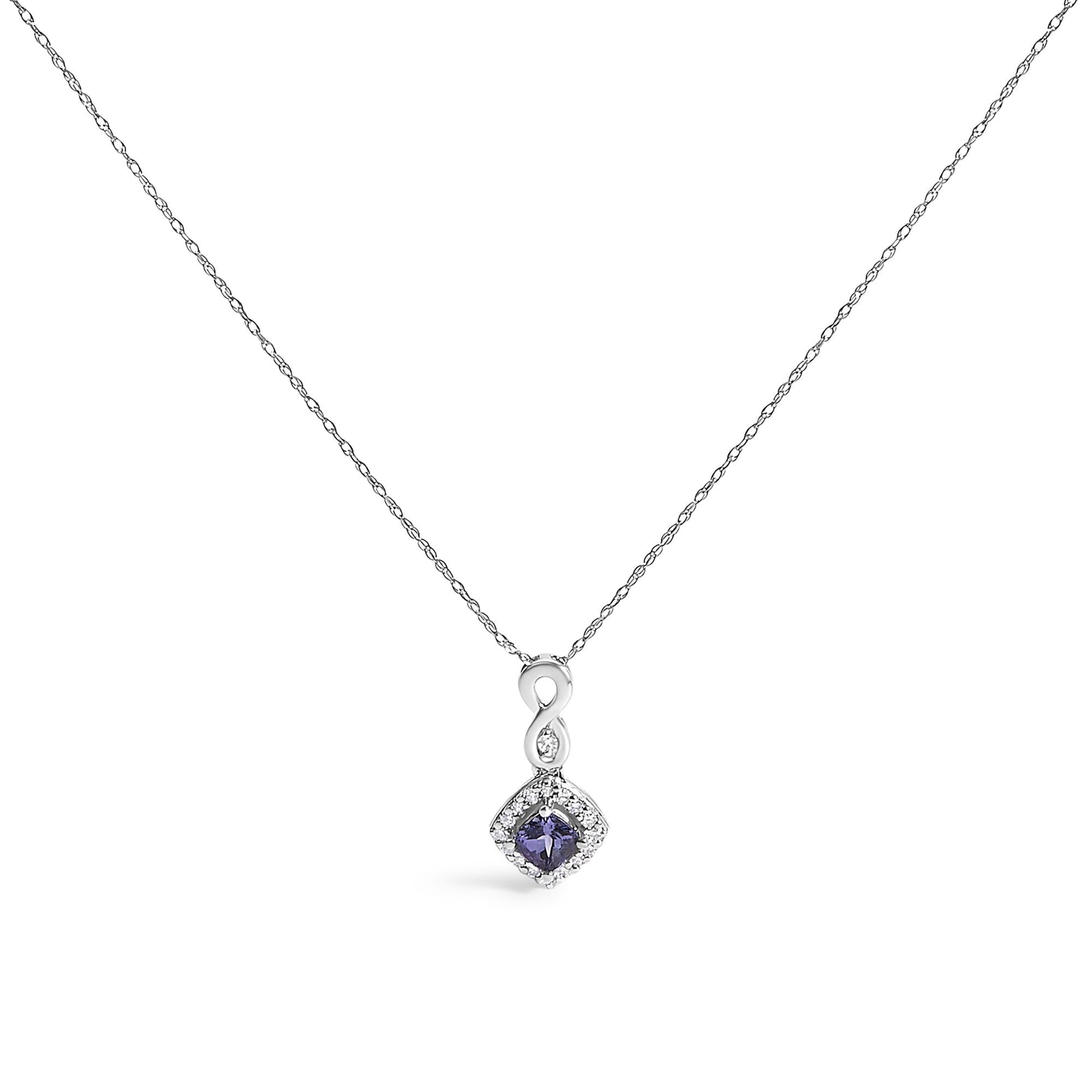 10K White Gold Blue Purple Tanzanite and Diamond Accent Cushion Drop Pendant Necklace - 18" Inches-0