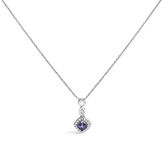 10K White Gold Blue Purple Tanzanite and Diamond Accent Cushion Drop Pendant Necklace - 18" Inches-0