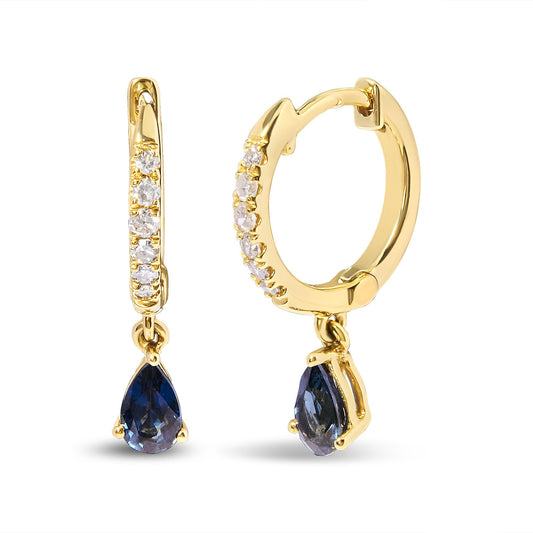 10K Yellow Gold Pear Blue Sapphire and 1/10 Cttw Diamond Drop and Dangle Huggy Hoop Earrings (H-I Color, I1-I2 Clarity)-0