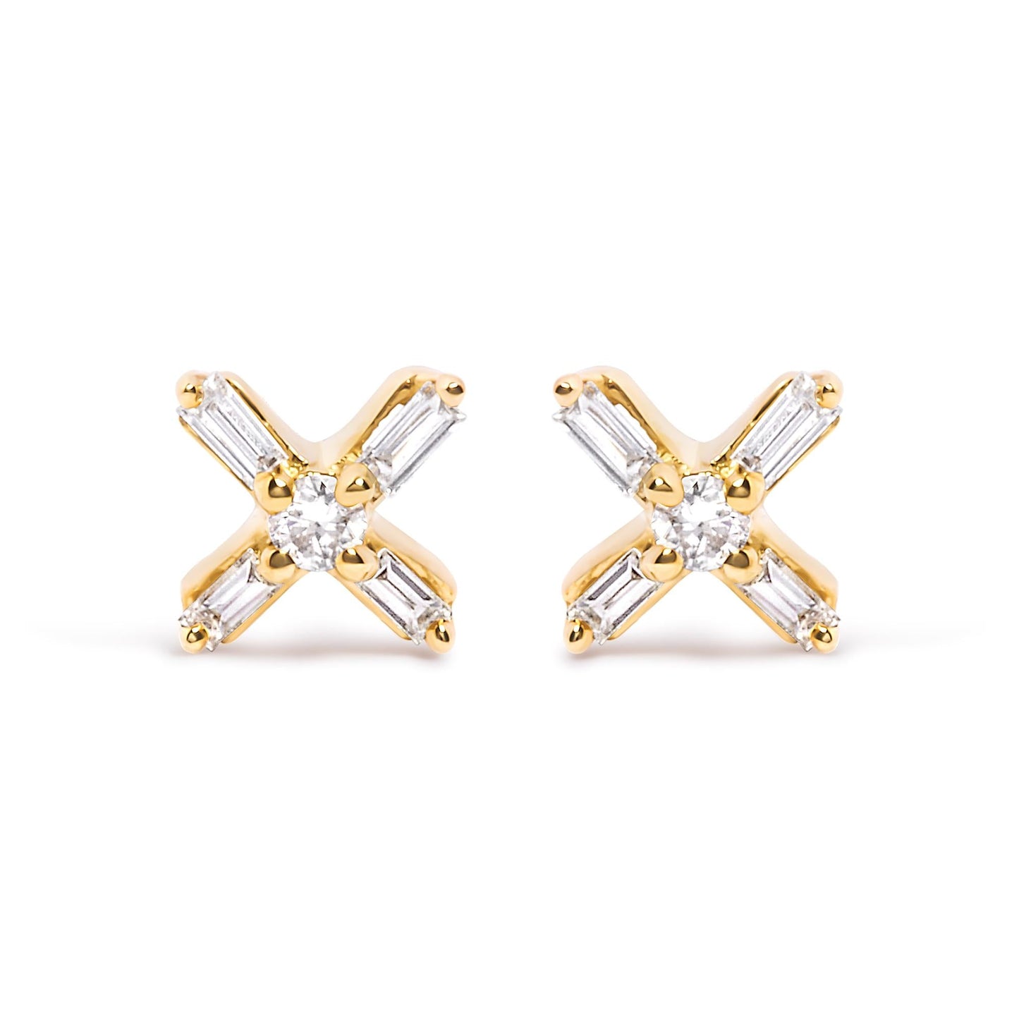 10K Yellow Gold 1/10 Cttw Round and Baguette Diamond Criss Cross X Stud Earring (H-I Color, I1-I2 Clarity)-0