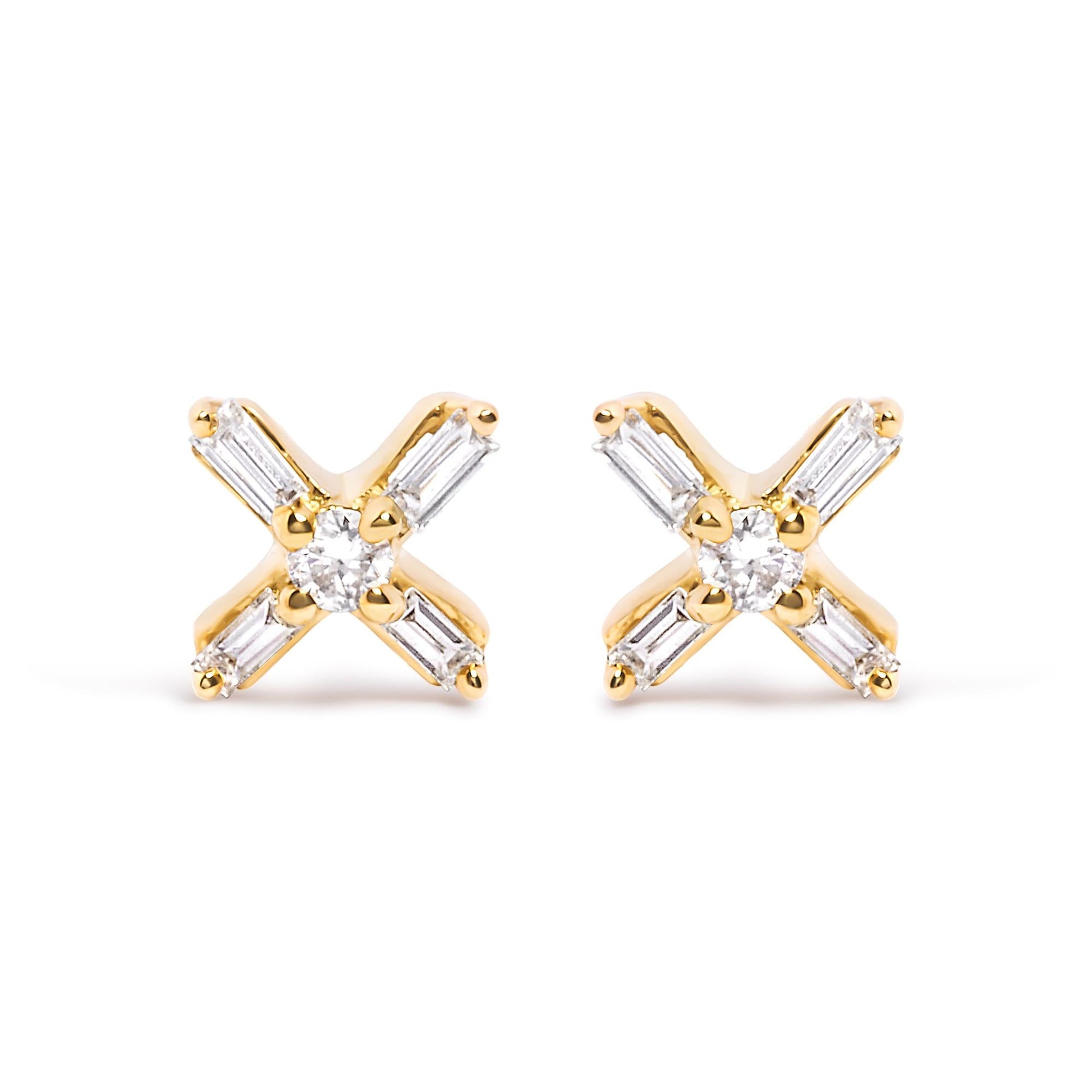 10K Yellow Gold 1/10 Cttw Round and Baguette Diamond Criss Cross X Stud Earring (H-I Color, I1-I2 Clarity)-0