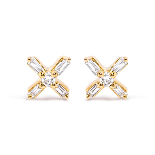 10K Yellow Gold 1/10 Cttw Round and Baguette Diamond Criss Cross X Stud Earring (H-I Color, I1-I2 Clarity)-0