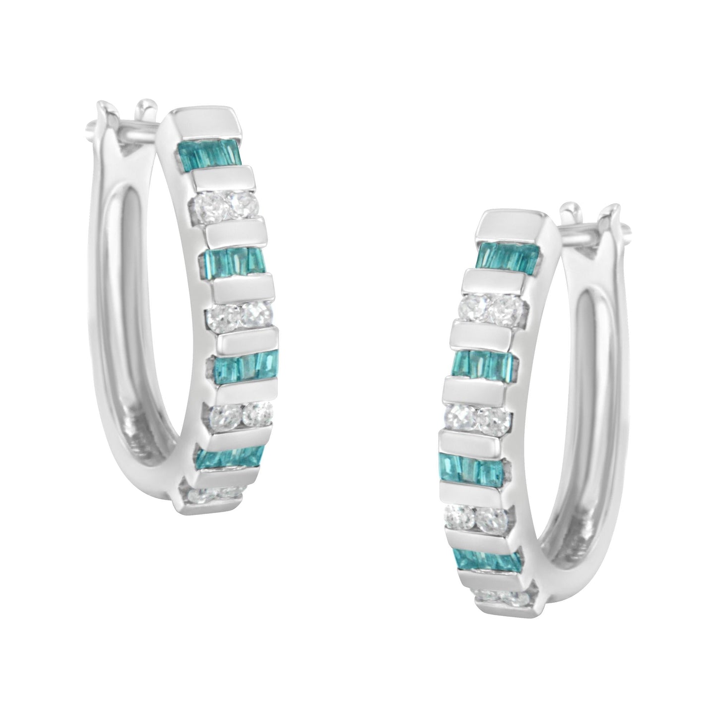 10k White Gold Round and Blue Baguette Diamond Hoop Earrings (0.50 cttw, I-J Color, I2-I3 Clarity)-0