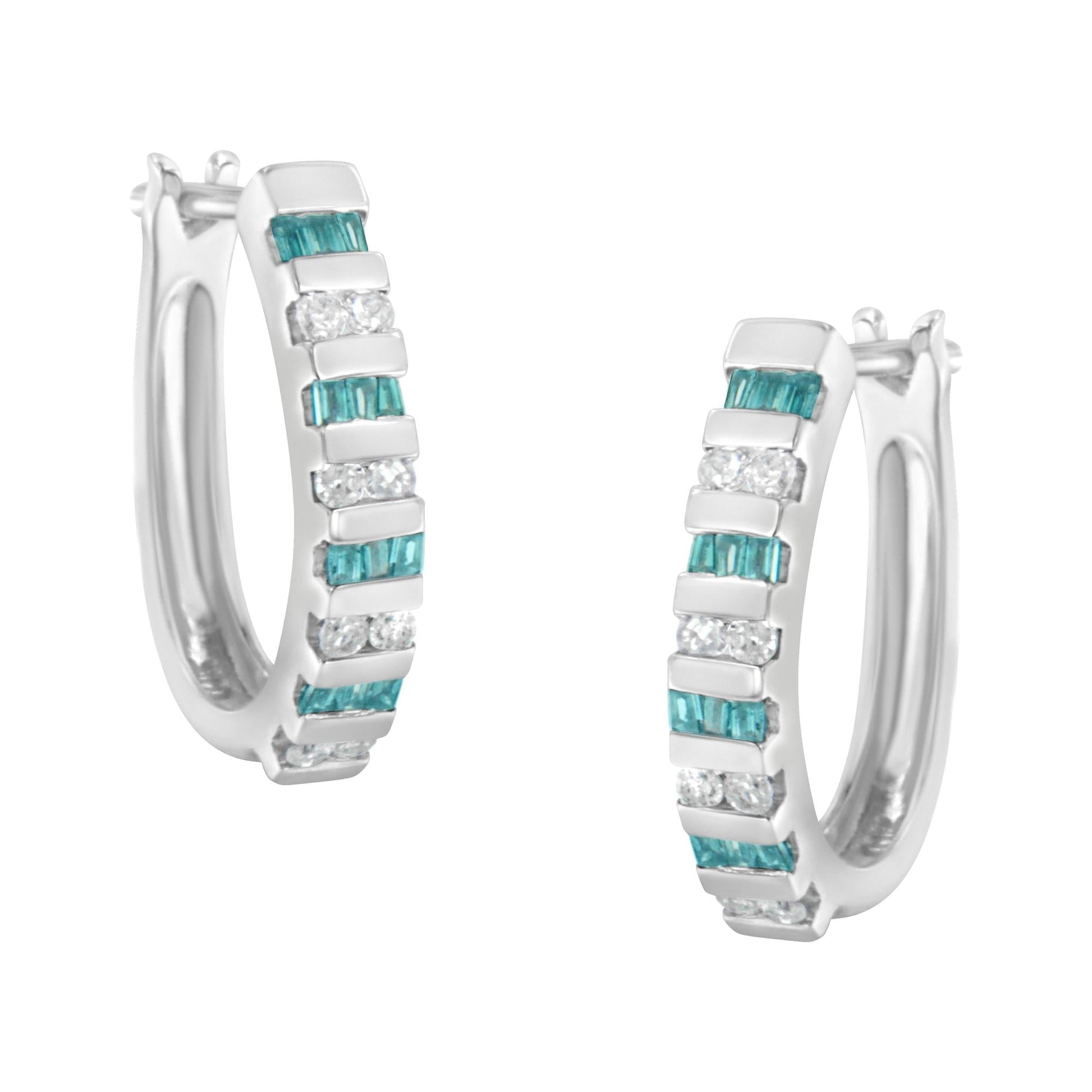 10k White Gold Round and Blue Baguette Diamond Hoop Earrings (0.50 cttw, I-J Color, I2-I3 Clarity)-0