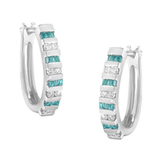 10k White Gold Round and Blue Baguette Diamond Hoop Earrings (0.50 cttw, I-J Color, I2-I3 Clarity)-0