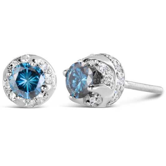 14K White Gold 1.00 Cttw Treated Blue and White Diamond Hidden Halo Stud Earrings (Blue/I-J Color, I2-I3 Clarity)-0
