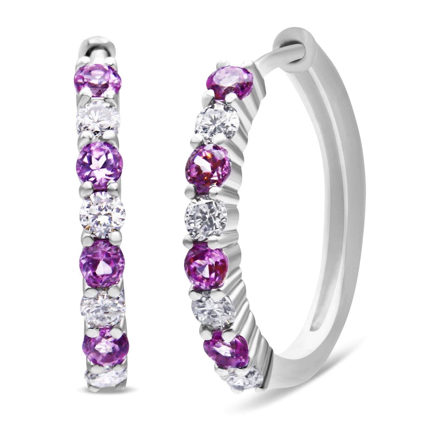 10K White Gold 2.5MM Sapphire Gemstone and 1/2 Cttw Diamond Hoop Earrings (H-I Color, I1-I2 Clarity)-1