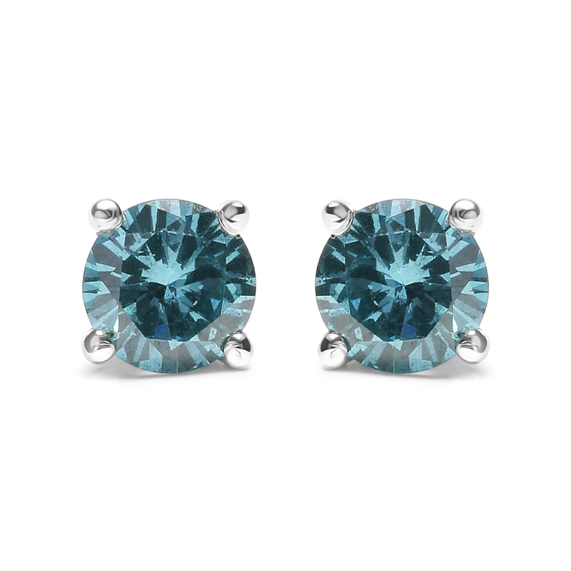 14K Gold 1/2 Cttw Aqua Blue Diamond Screw-Back 4-Prong Classic Stud Earrings (Color Treated, I2-I3)-0