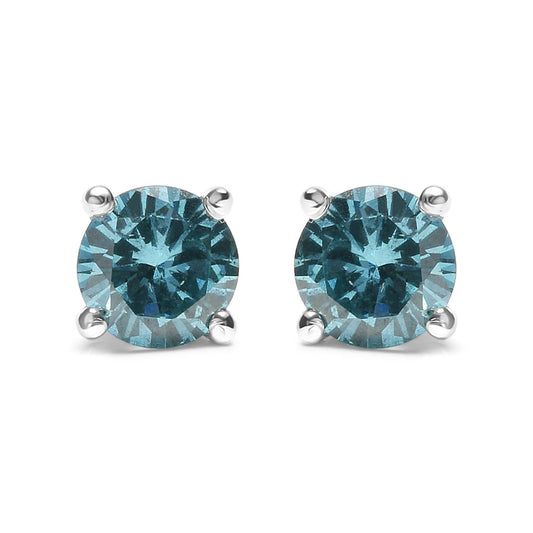 14K Gold 1/2 Cttw Aqua Blue Diamond Screw-Back 4-Prong Classic Stud Earrings (Color Treated, I2-I3)-0