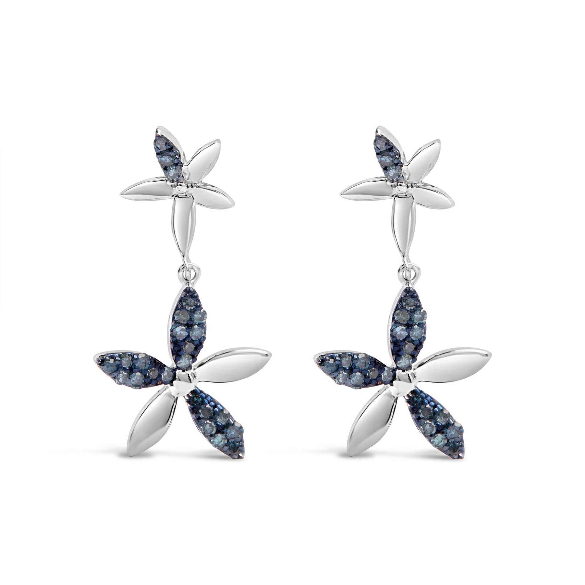 .925 Sterling Silver 1/5ct Cttw Blue Diamond Double Star Drop and Dangle Earrings (Blue Color, SI1-SI2 Clarity)-0