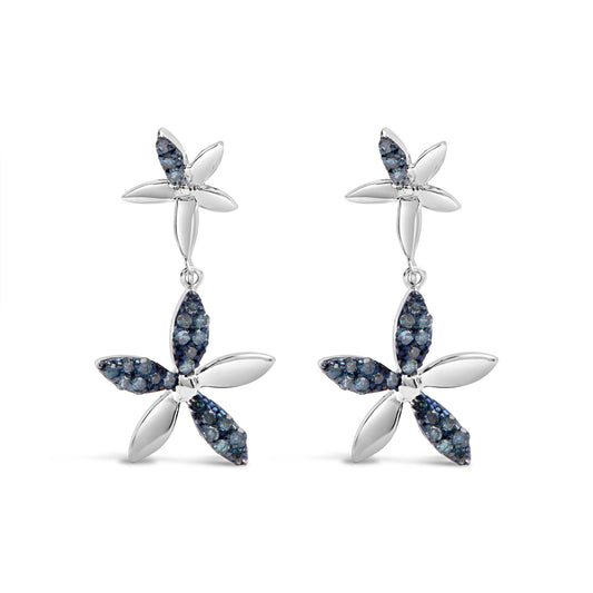 .925 Sterling Silver 1/5ct Cttw Blue Diamond Double Star Drop and Dangle Earrings (Blue Color, SI1-SI2 Clarity)-0