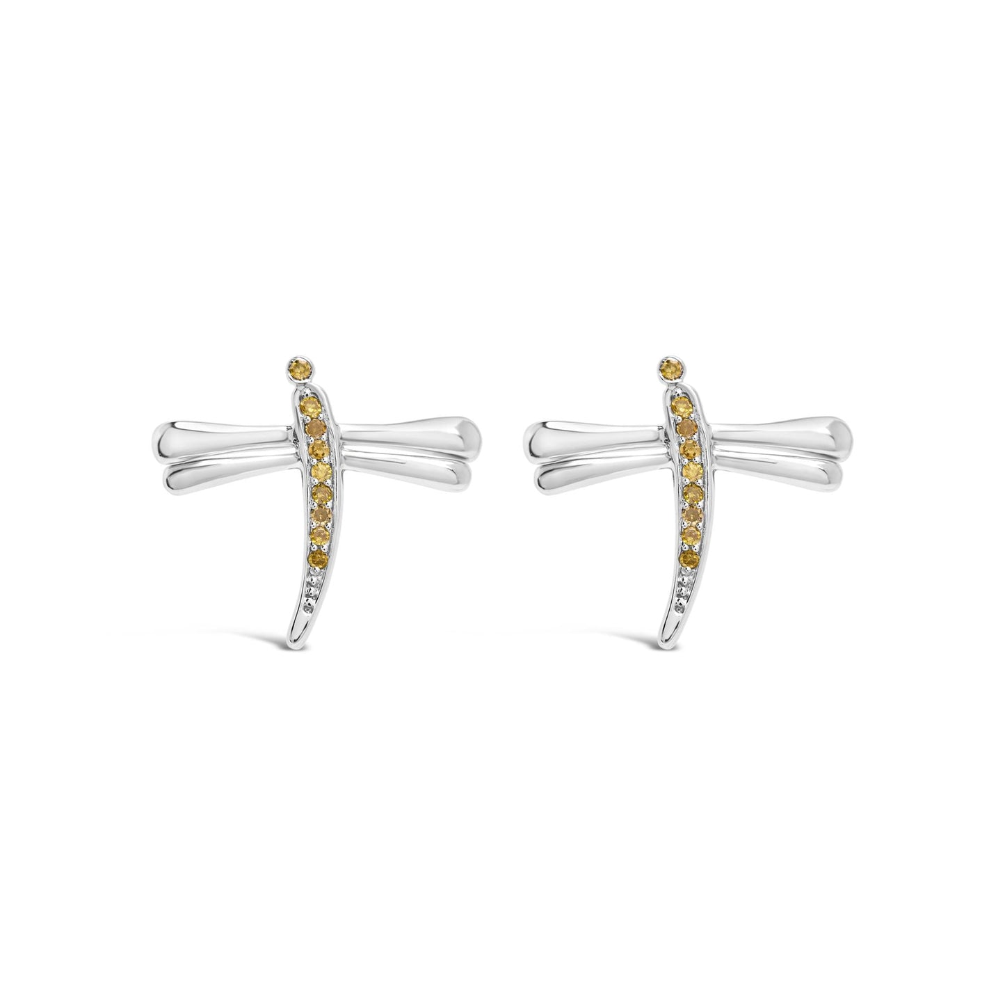 .925 Sterling Silver Yellow Diamond Accent Dragonfly Stud Earrings (Yellow Color, I2-I3 Clarity)-0