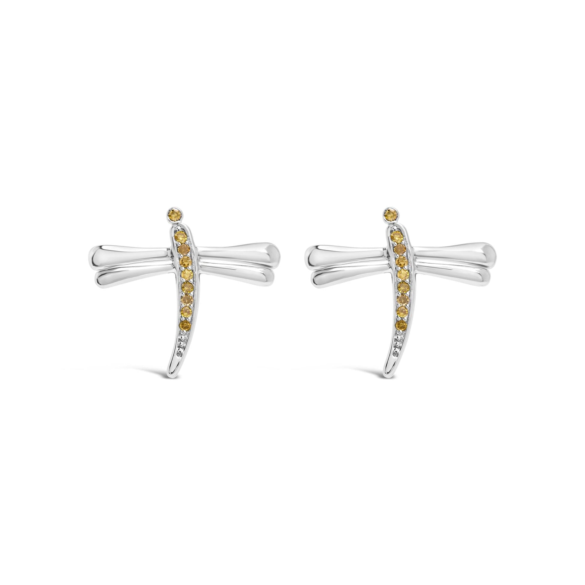 .925 Sterling Silver Yellow Diamond Accent Dragonfly Stud Earrings (Yellow Color, I2-I3 Clarity)-0