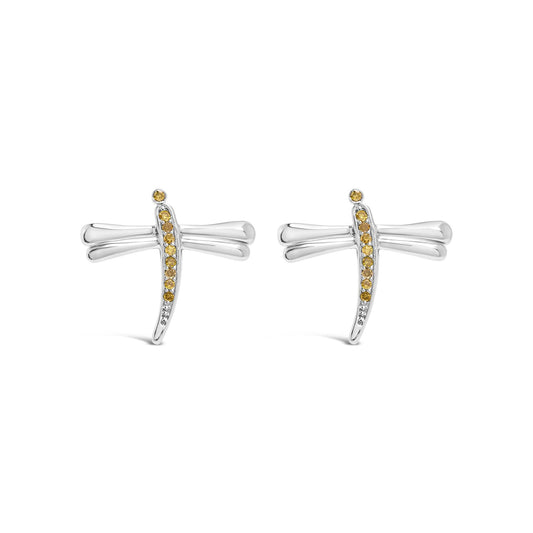 .925 Sterling Silver Yellow Diamond Accent Dragonfly Stud Earrings (Yellow Color, I2-I3 Clarity)-0
