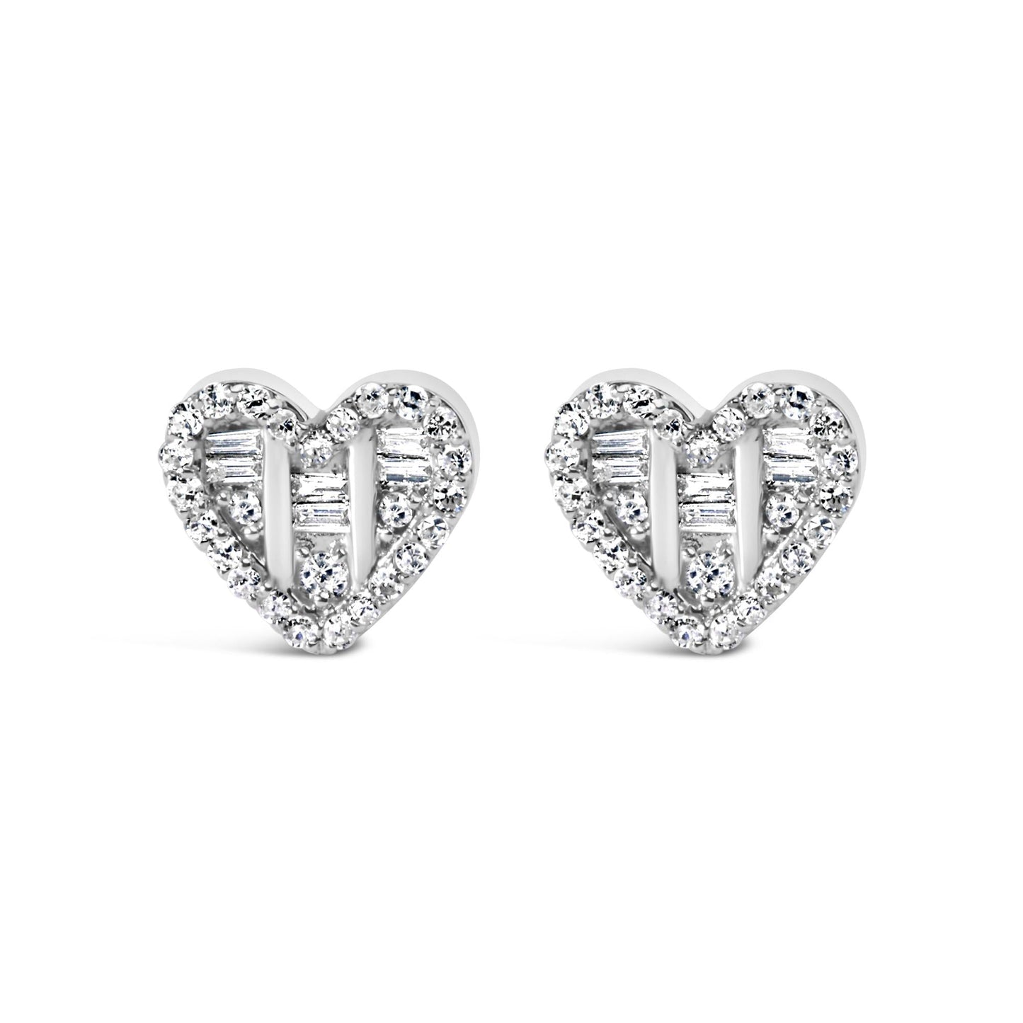 .925 Sterling Silver 1/2 Cttw Round and Baguette Diamond Composite Heart Shaped Stud Earring (I-J Color, SI2-I1 Clarity)-0