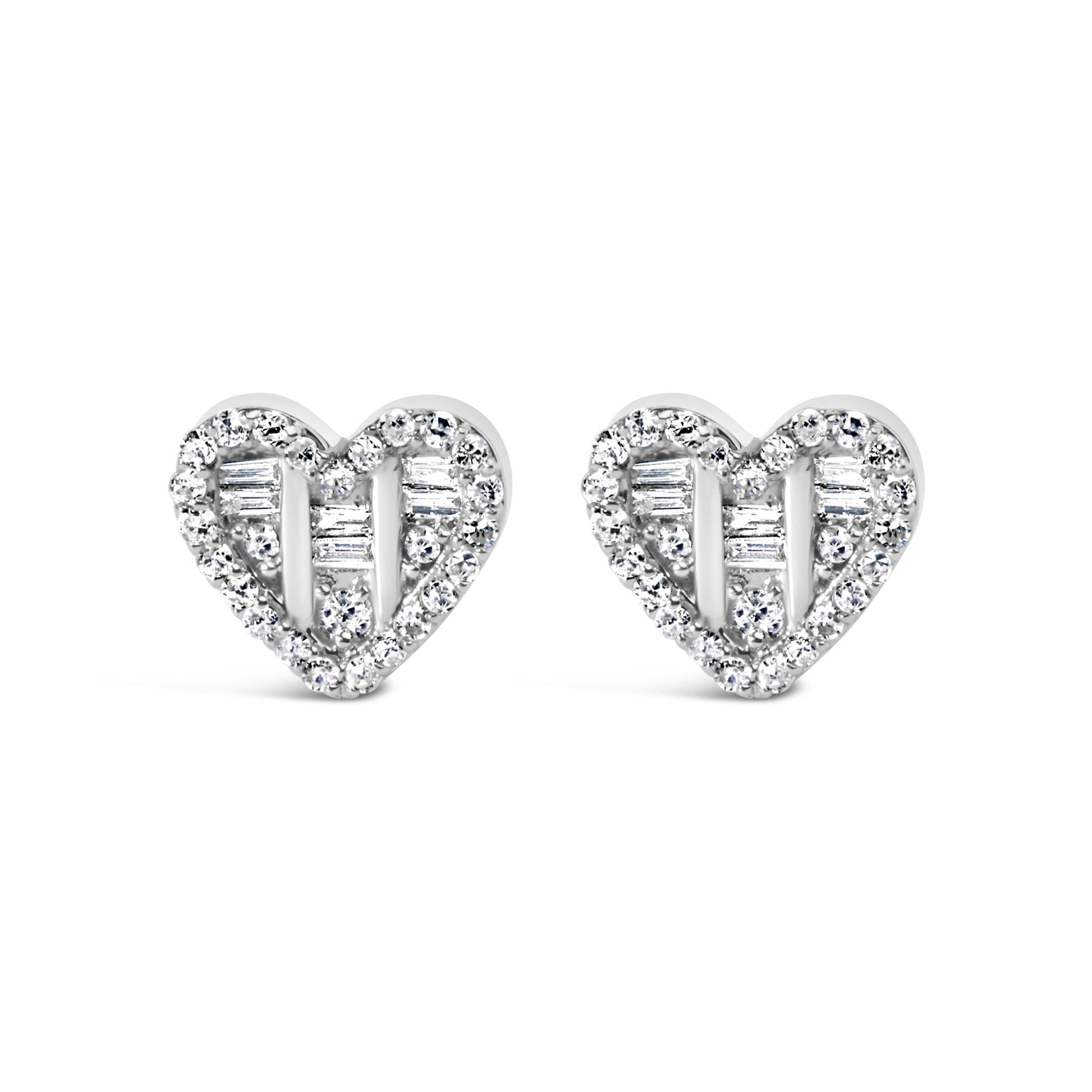 .925 Sterling Silver 1/2 Cttw Round and Baguette Diamond Composite Heart Shaped Stud Earring (I-J Color, SI2-I1 Clarity)-0