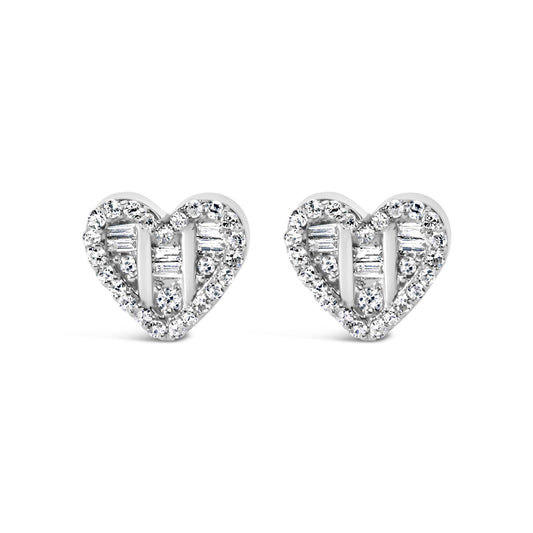 .925 Sterling Silver 1/2 Cttw Round and Baguette Diamond Composite Heart Shaped Stud Earring (I-J Color, SI2-I1 Clarity)-0