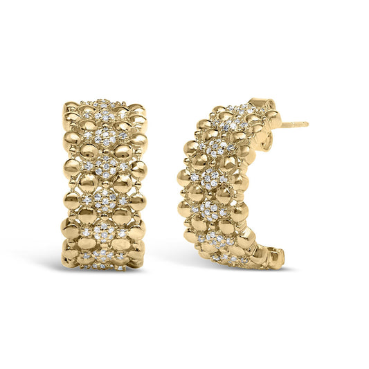14K Yellow Gold Plated .925 Sterling Silver 3/8 Cttw Diamond and Ball Bead J Hoop Earrings (H-I Color, I1-I2 Clarity)-0