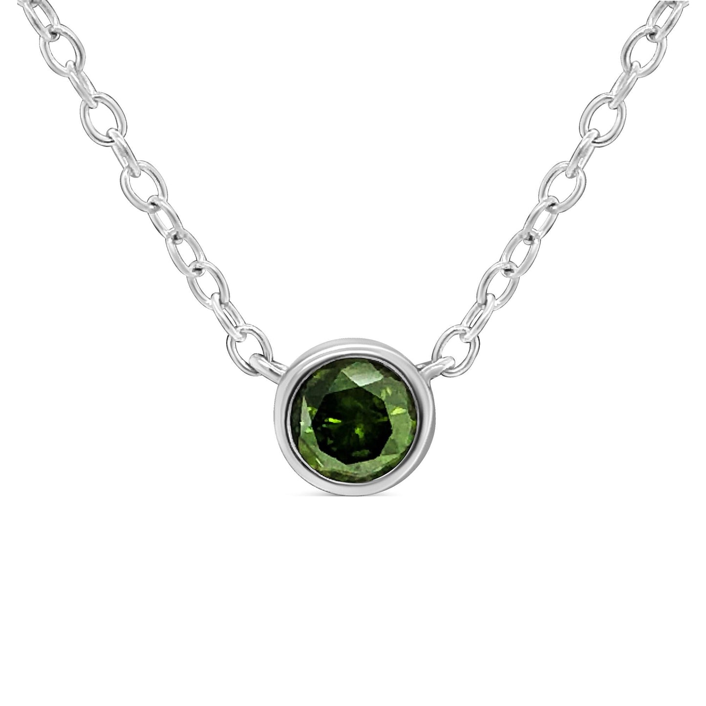 .925 Sterling Silver 1/5 Cttw Treated Green Diamond Solitaire Bezel 18" Pendant Necklace (Green Color, I1-I2 Clarity)-0