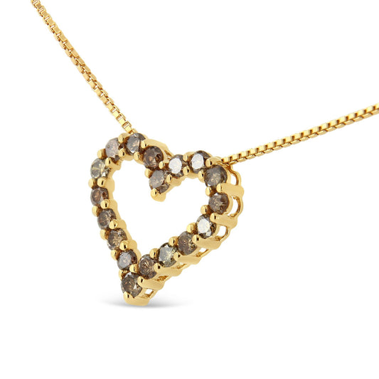 14K Yellow Gold Plated .925 Sterling Silver 1.0 Cttw Champagne Diamond Heart Pendant Necklace (K-L Color, I1-I2 Clarity) - 18"-0