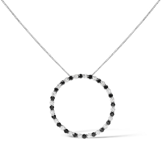 .925 Sterling Silver 2.0 Cttw Alternating Black and White Diamond Open Hoop Circle Pendant Necklace (H-I Color, I2-I3 Clarity) - 18" Inches-0